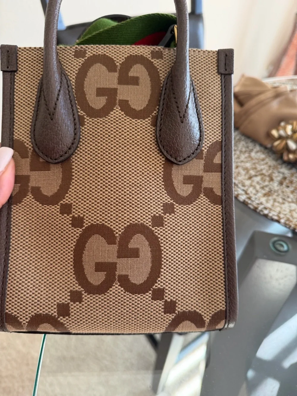 Gucci Brown GG Canvas Mini Tote/Crossbody with Green-Red Strap - Picture 10 of 13